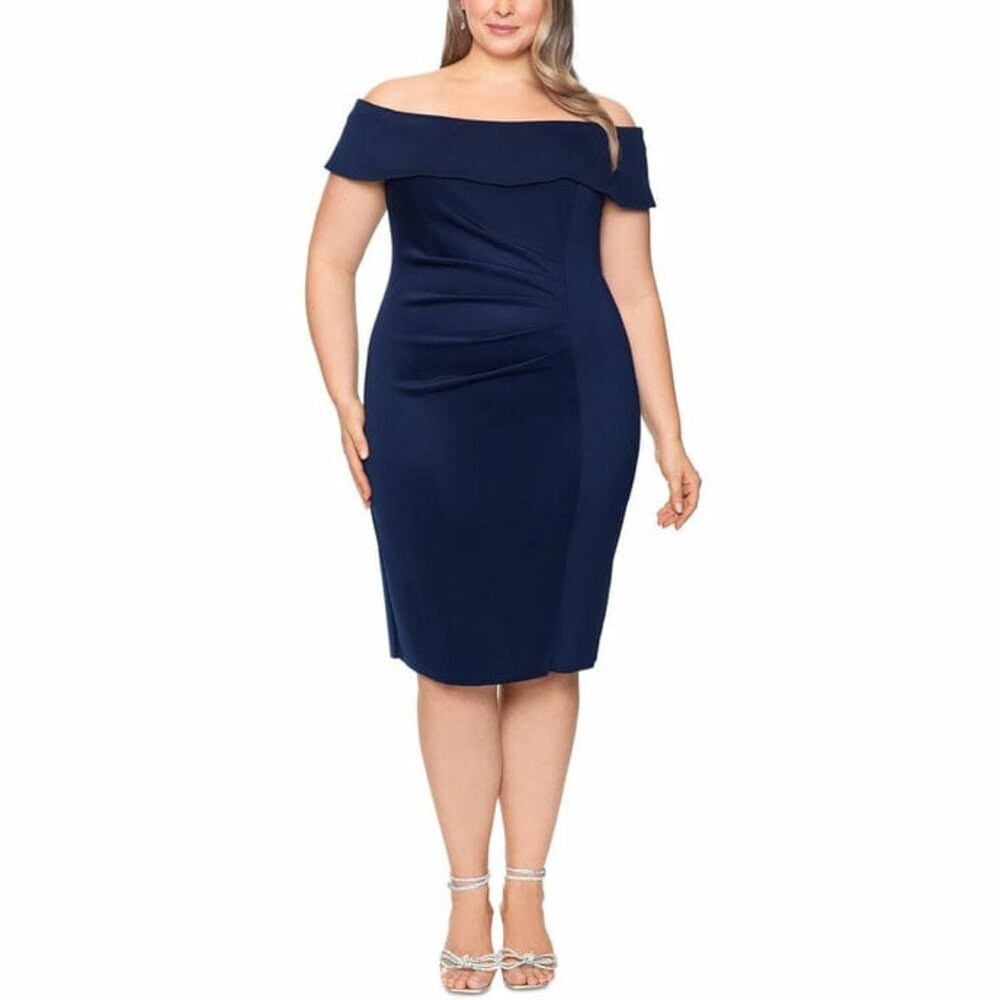 X By Xscape Women's Navy Off The Shoulder Midi Dress Size 20w